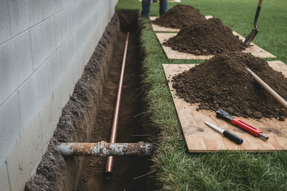 Excavated water line trench during Water Heater Repair in Baker